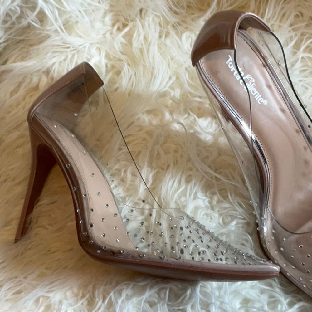 NUDE & CLEAR HEELS IN SIZE 9 1/2 BY TORTA CALIENTE WITH JEWELS ON UPPER - Picture 7 of 12